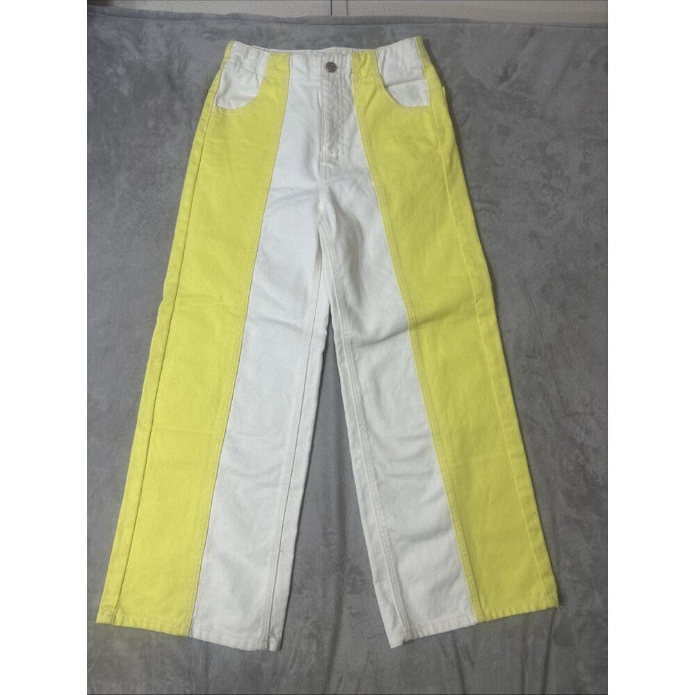 BDG High Wide Leg Jeans Size 26 White Neon Yellow Colorblock High Rise